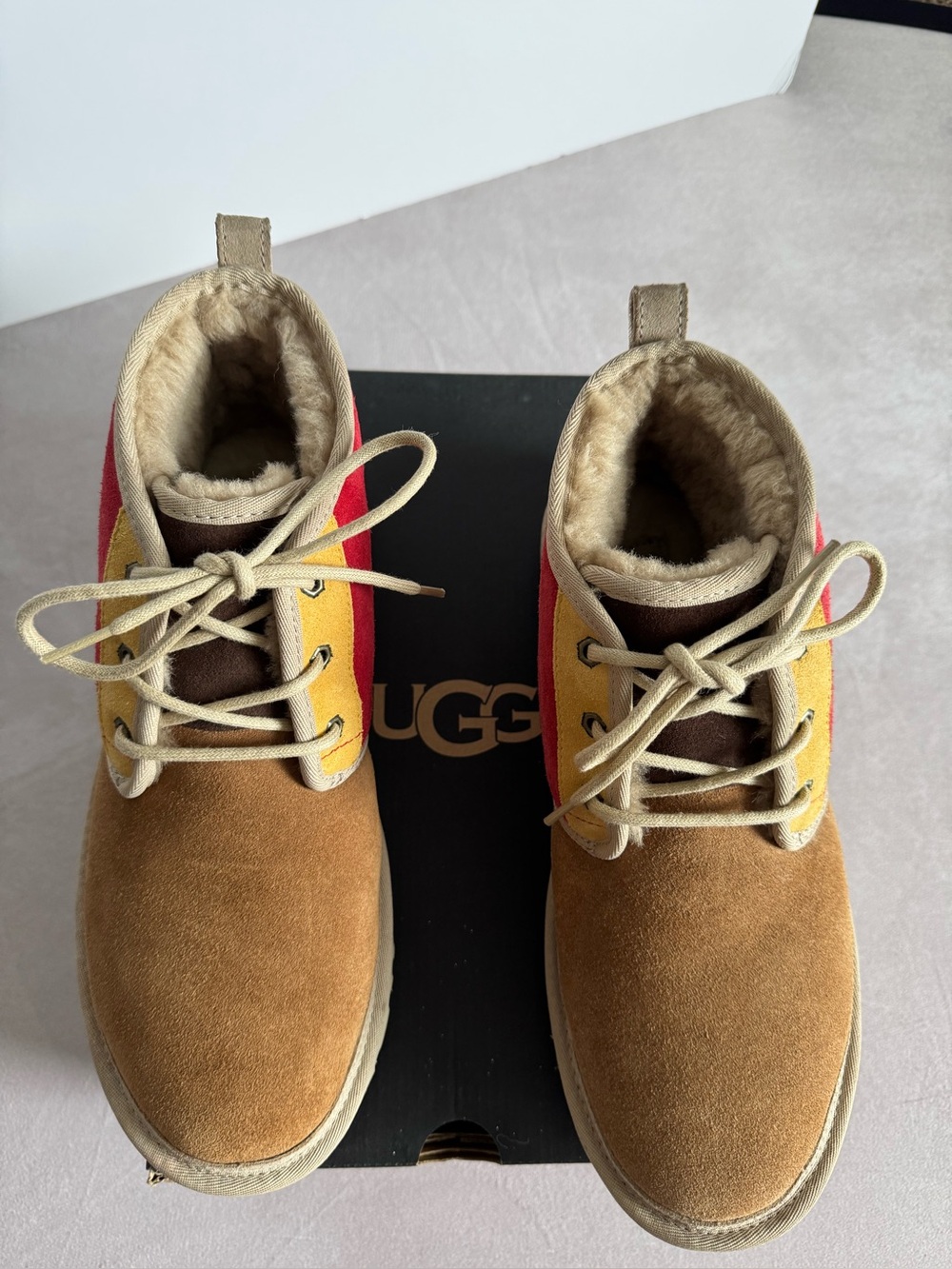UGG Men’s Chestnut Suede Lace-Up Boots with Red & Yellow Accents